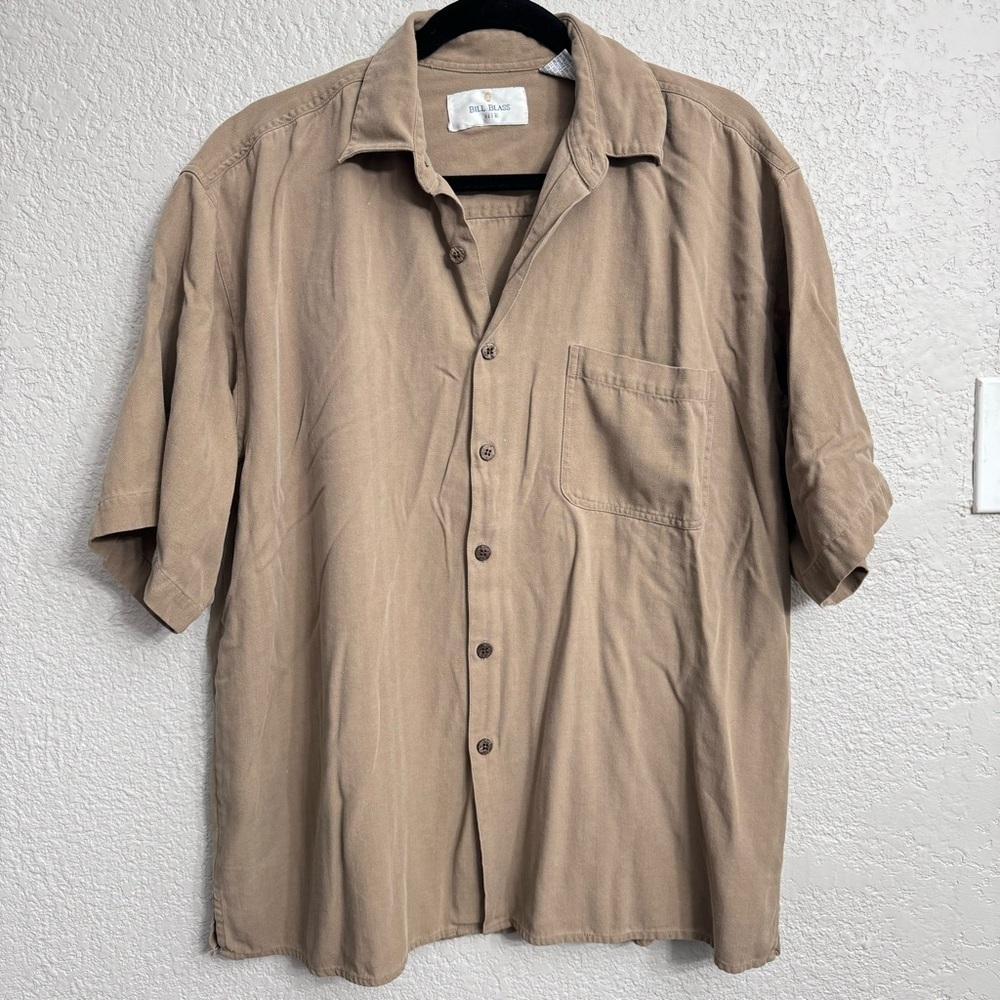 90’s Vintage Bill Blass Silks Silk Tan Short-Sleeve Button Down Shirt - Size L